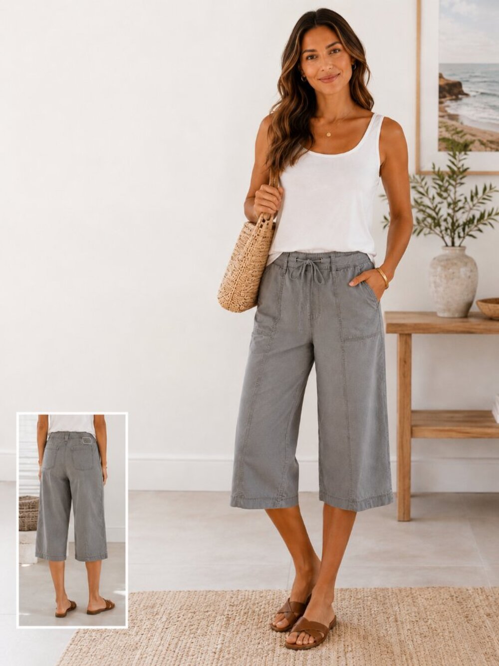 Christopher Blue Stretch Wide Leg Capri Pants Gray Drawstring Crop Women's Size8